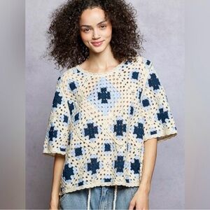 POL Crochet Top - Blue and Cream NWOT One Size